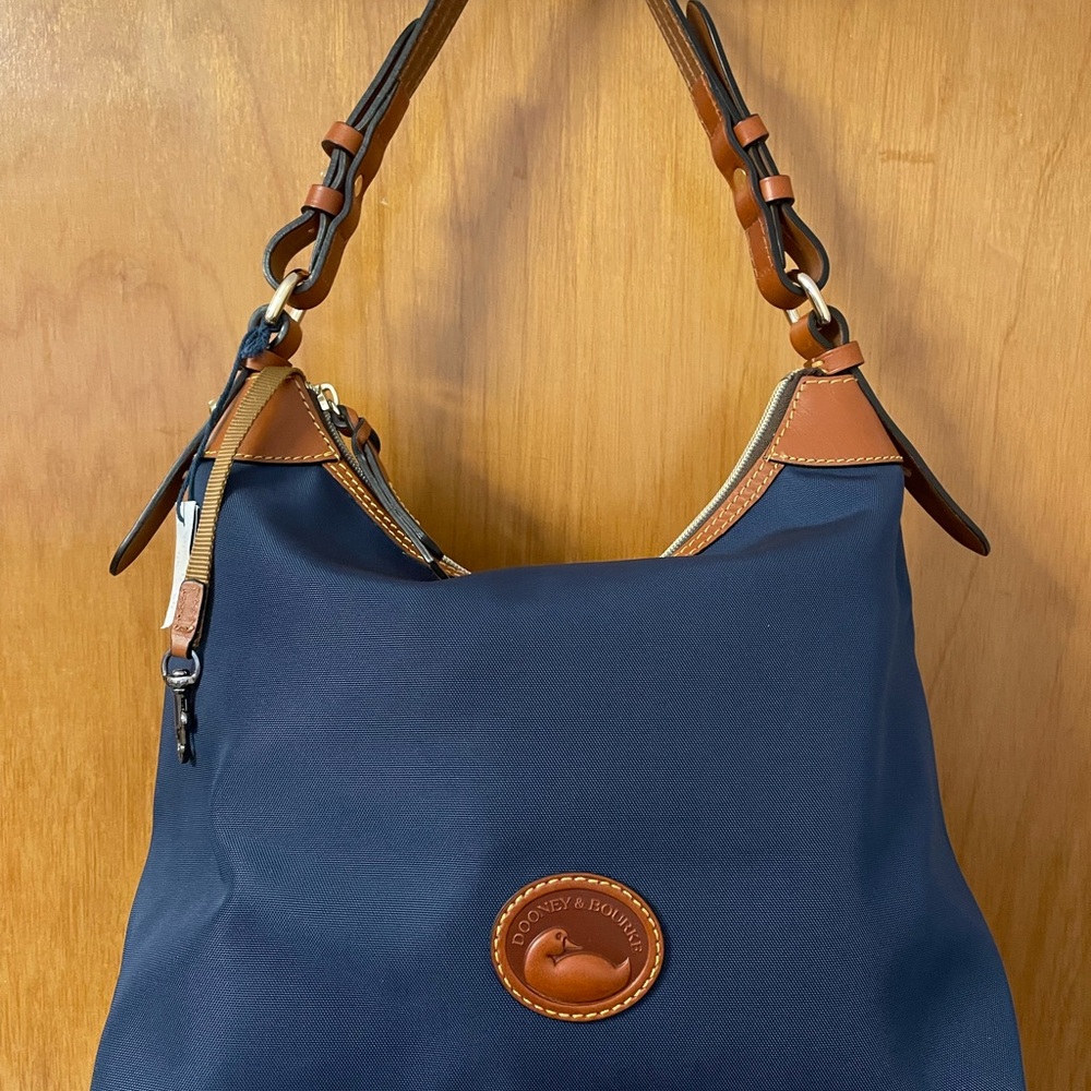 Dooney & Bourke Navy Nylon Hobo Shoulder Bag with Tan Leather Trim